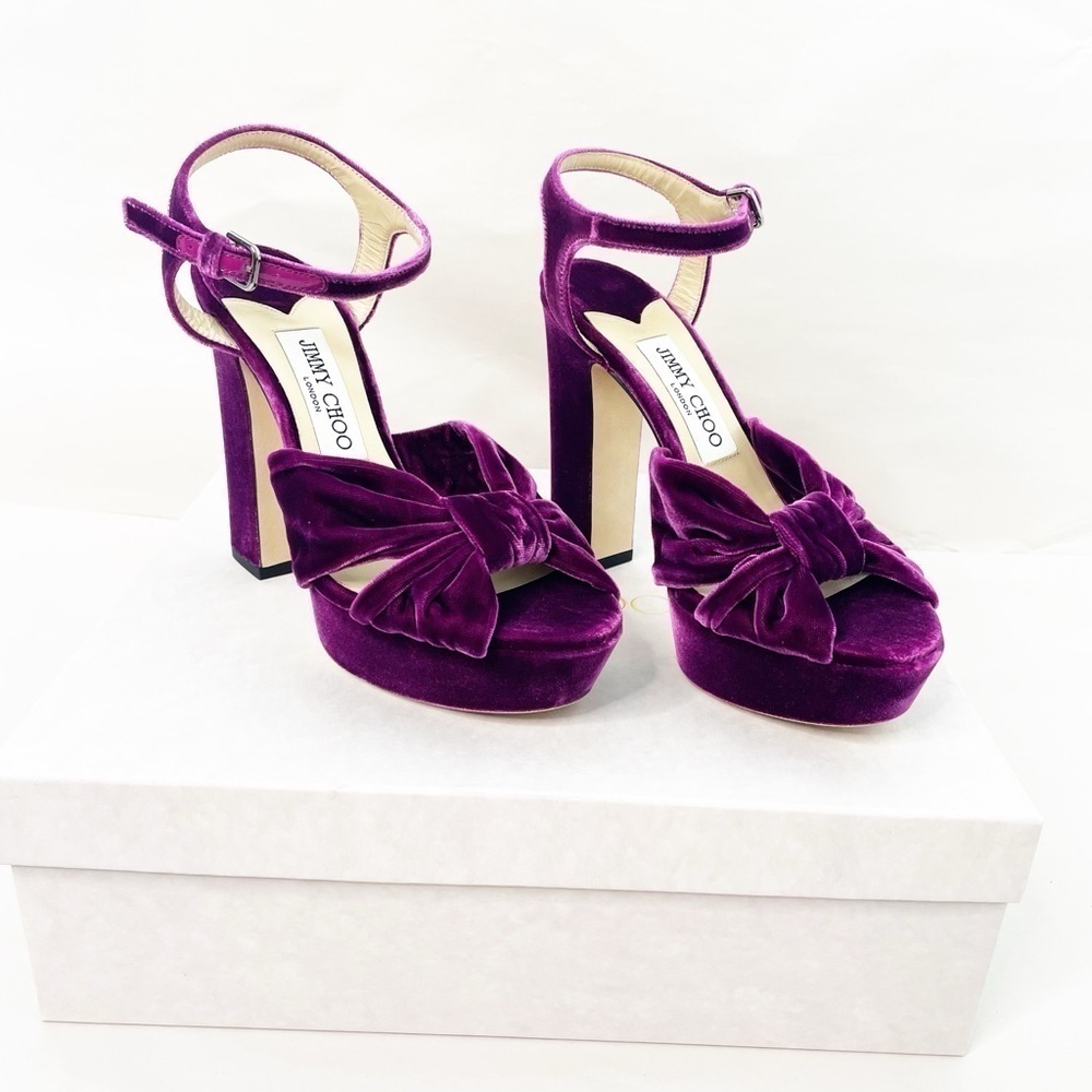 Jimmy Choo Heloise Cassis Velvet Platform Heels - Picture 9 of 11